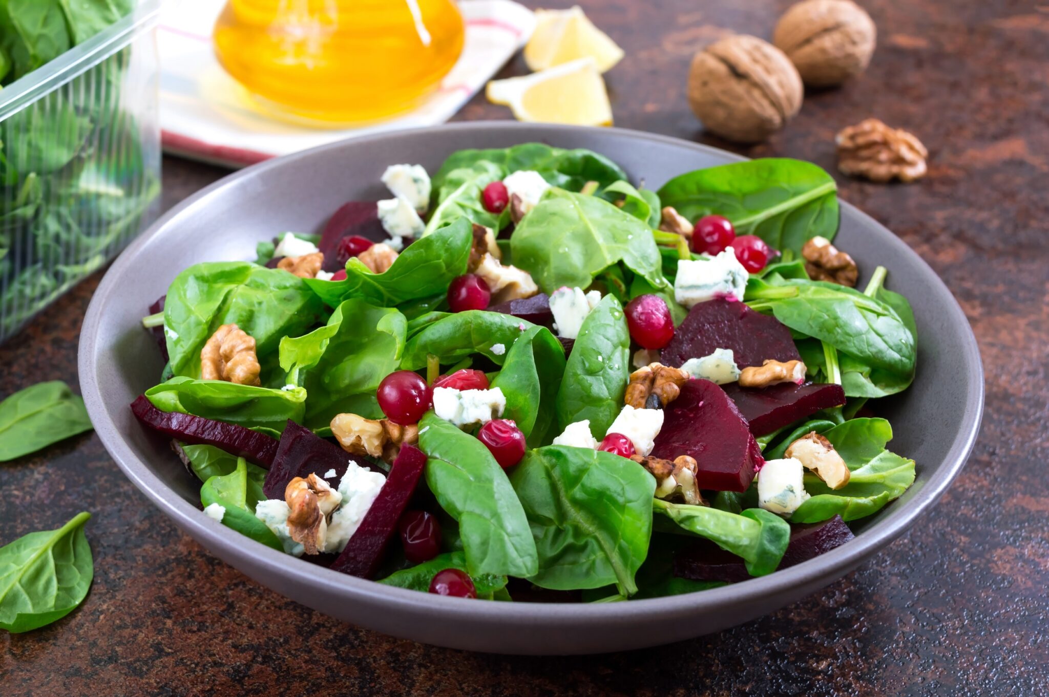 Salad,With,Young,Spinach,,Boiled,Beets,,Blue,Cheese,,Nuts,,Cranberries