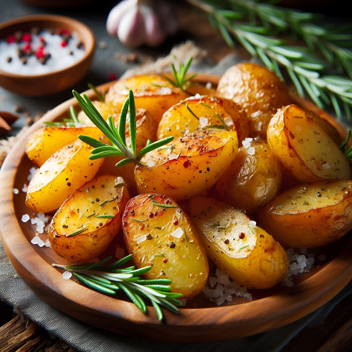 Close-up,Of,Savory,Roasted,Potatoes,With,Rosemary,On,Dark,Setting