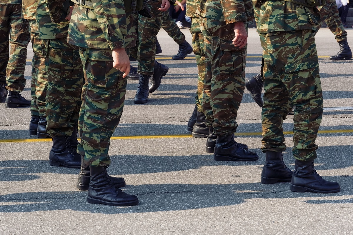 Greek,Army,Soldiers,In,Combat,Uniform,During,Parade.,Silhouette,Of