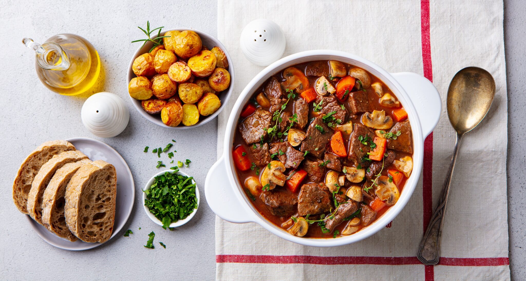 Beef,Bourguignon,Stew,With,Vegetables.,Grey,Background.,Top,View.