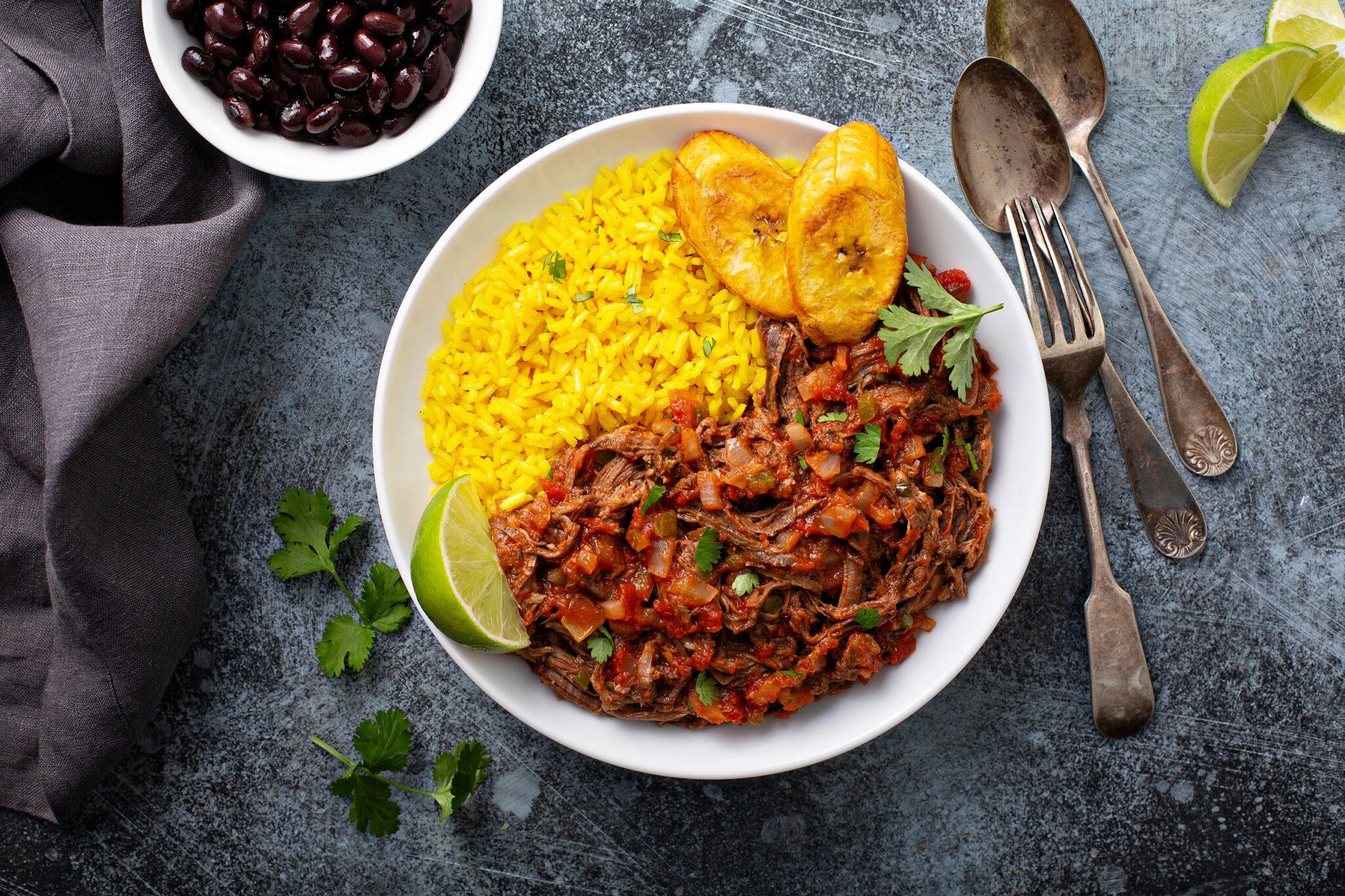 Ropa,Vieja,,Traditional,Flank,Steak,Dish,With,Rice,,Cuban,Beans
