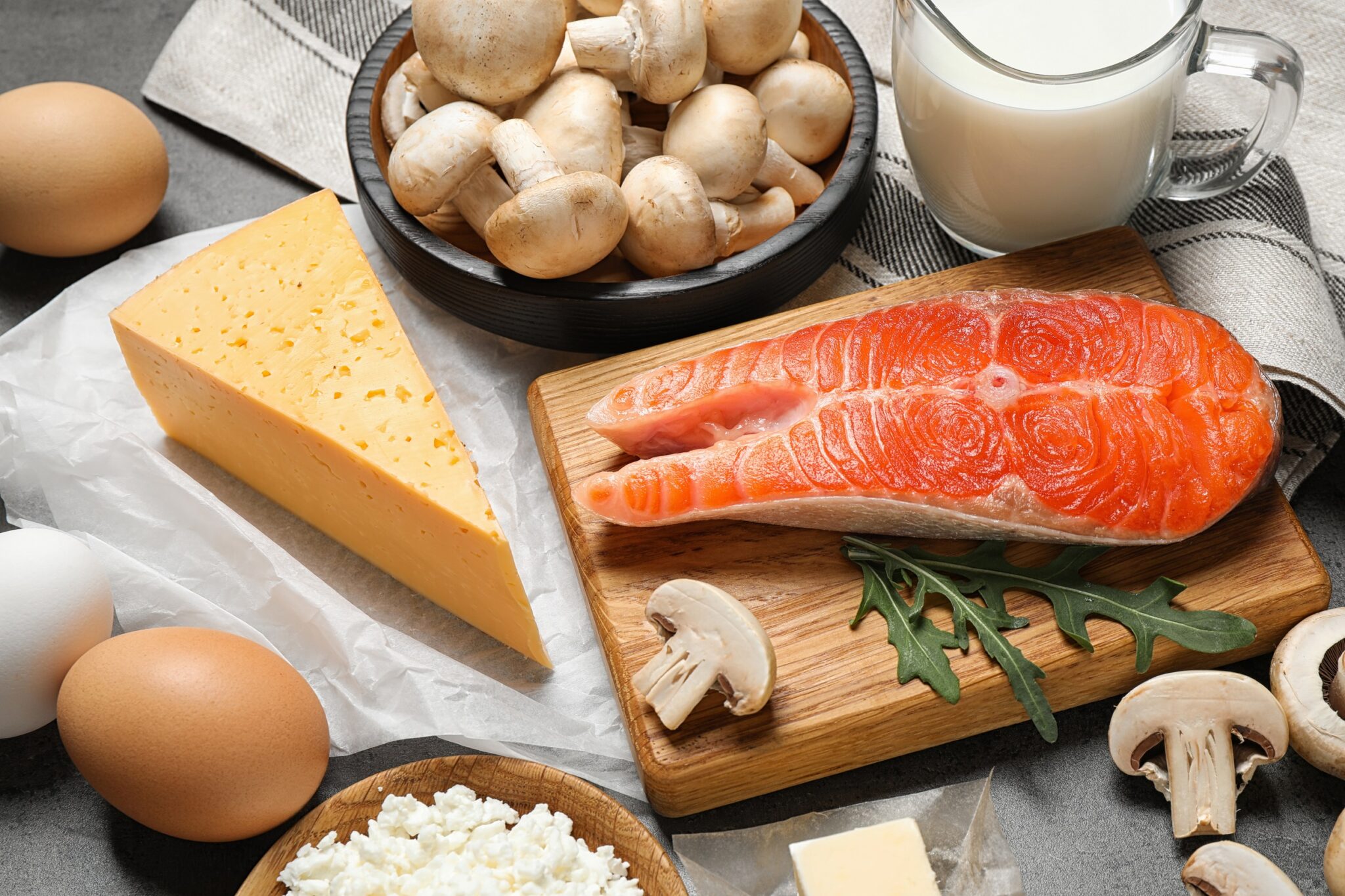 Fresh,Products,Rich,In,Vitamin,D,On,Grey,Table