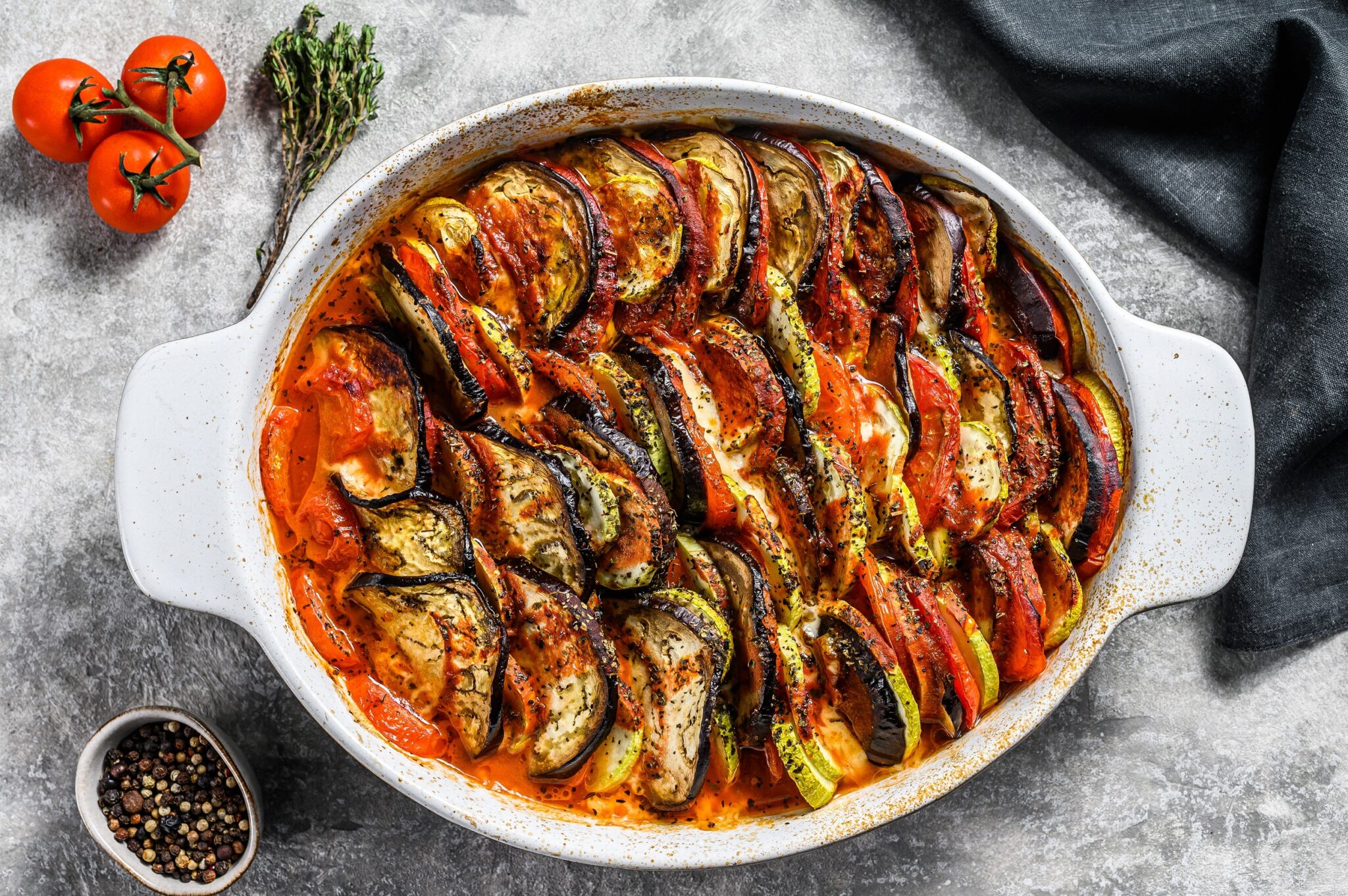 Traditional,Homemade,Vegetable,Ratatouille,Baked,In,Dish.,Gray,Background.,Top