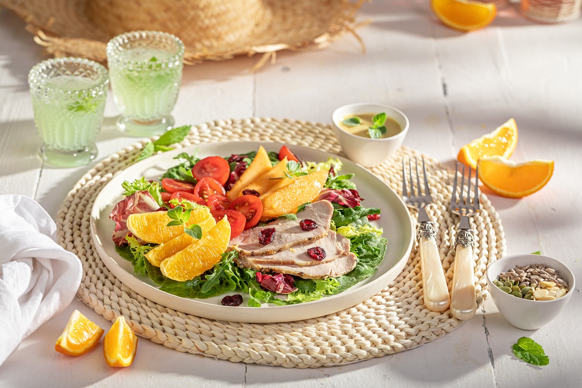 Healthy,Salad,With,Beef,,Tomato,,Orange,And,Melon.,Salad,Made