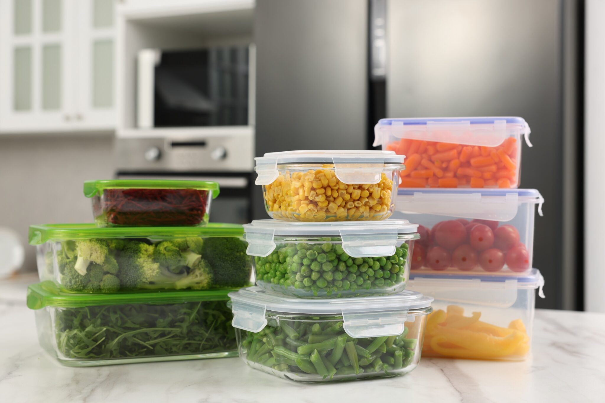 Glass,And,Plastic,Containers,With,Different,Fresh,Products,On,White