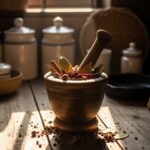 Vintage,Kitchen,Spices,Mortar,Pestle,Wooden,Table,Sunlight