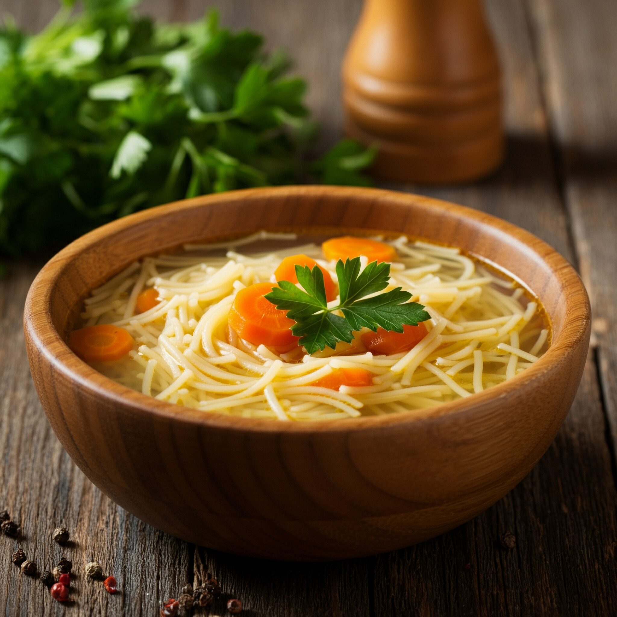 Italian,Vermicelli,Noodle,Soup,With,Carrot,And,Parsley,In,Wooden