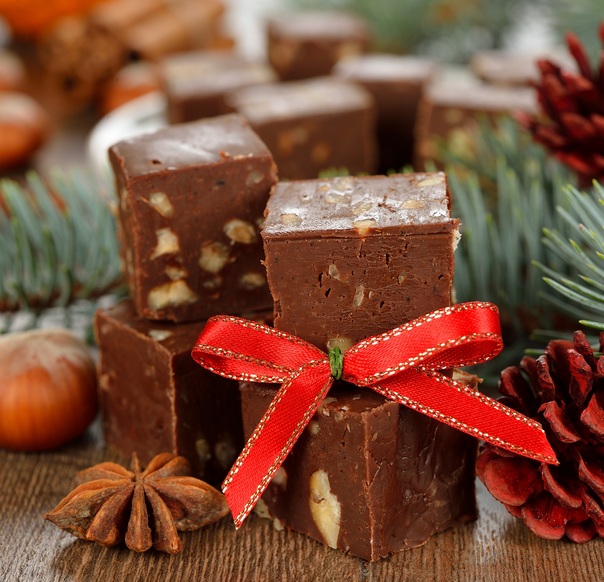 Traditional,Christmas,Chocolate,Fudge,Close-up,On,A,Brown,Background