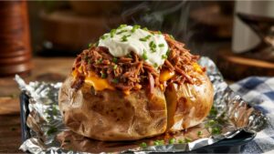 Huge,Baked,Potato,Split,Open,And,Filled,With,Bbq,Pulled
