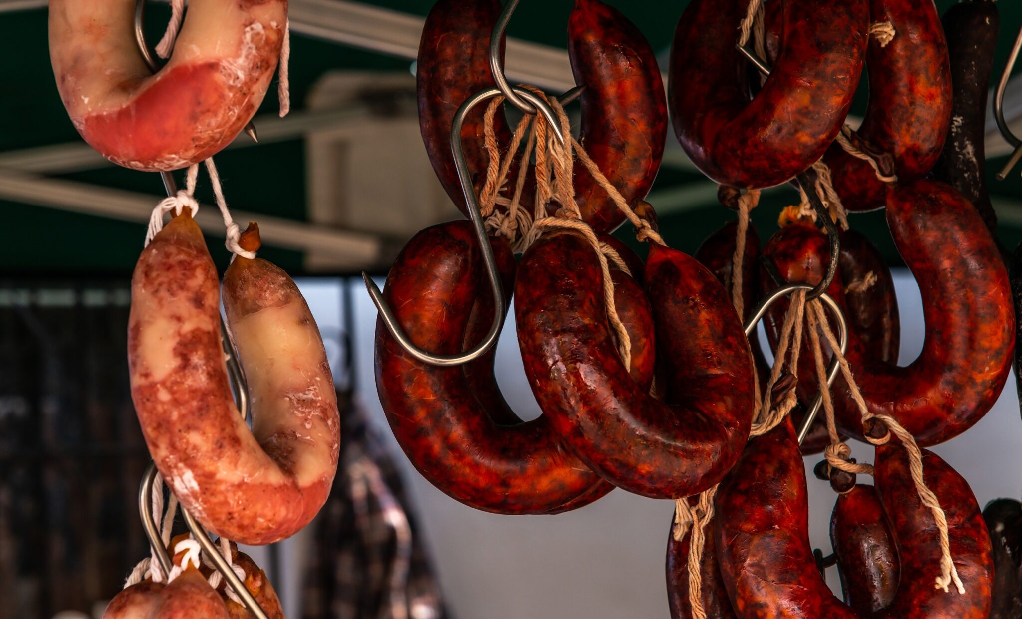 Typical,Spanish,Sausages,Hanging,On,A,Village,Stall,At,The