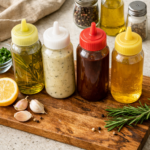 άδεια μπουκάλια κέτσαπ επαναχρησιμοποιημένα για σάλτσες και λάδι στην κουζίνα