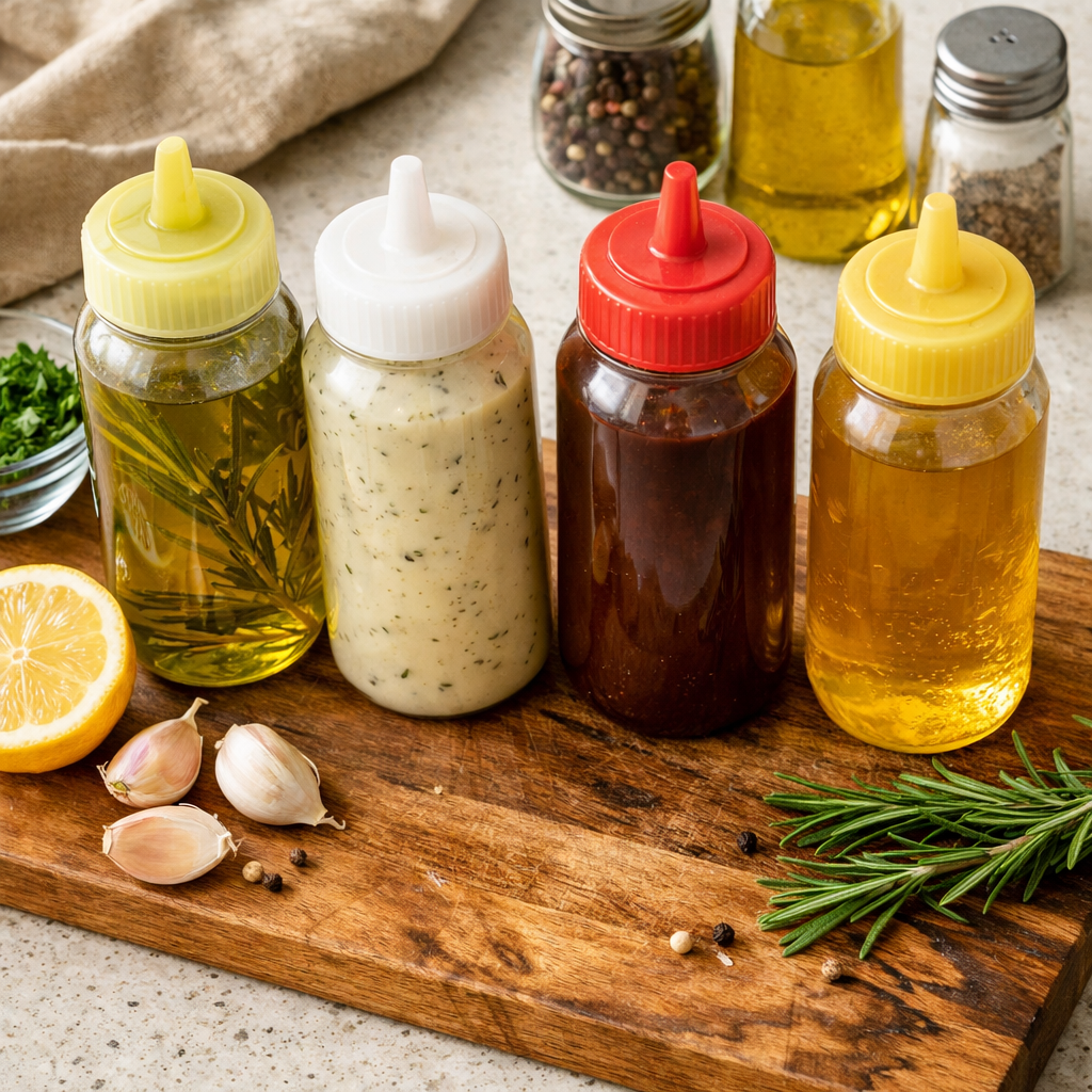 άδεια μπουκάλια κέτσαπ επαναχρησιμοποιημένα για σάλτσες και λάδι στην κουζίνα