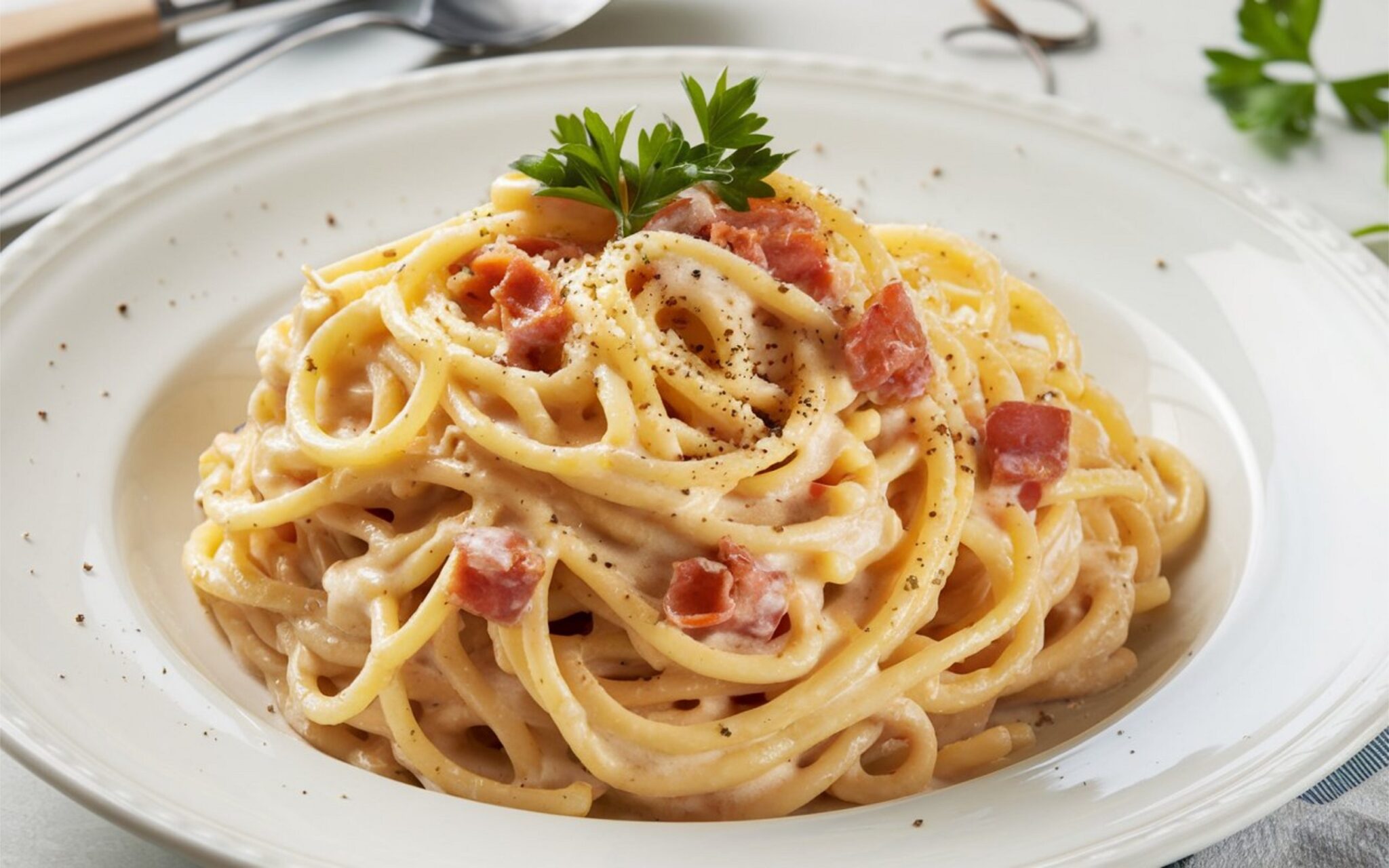 Spaghetti,Carbonara:,Creamy,Roman,Pasta,With,Eggs,,Pecorino,Cheese,,Pancetta,