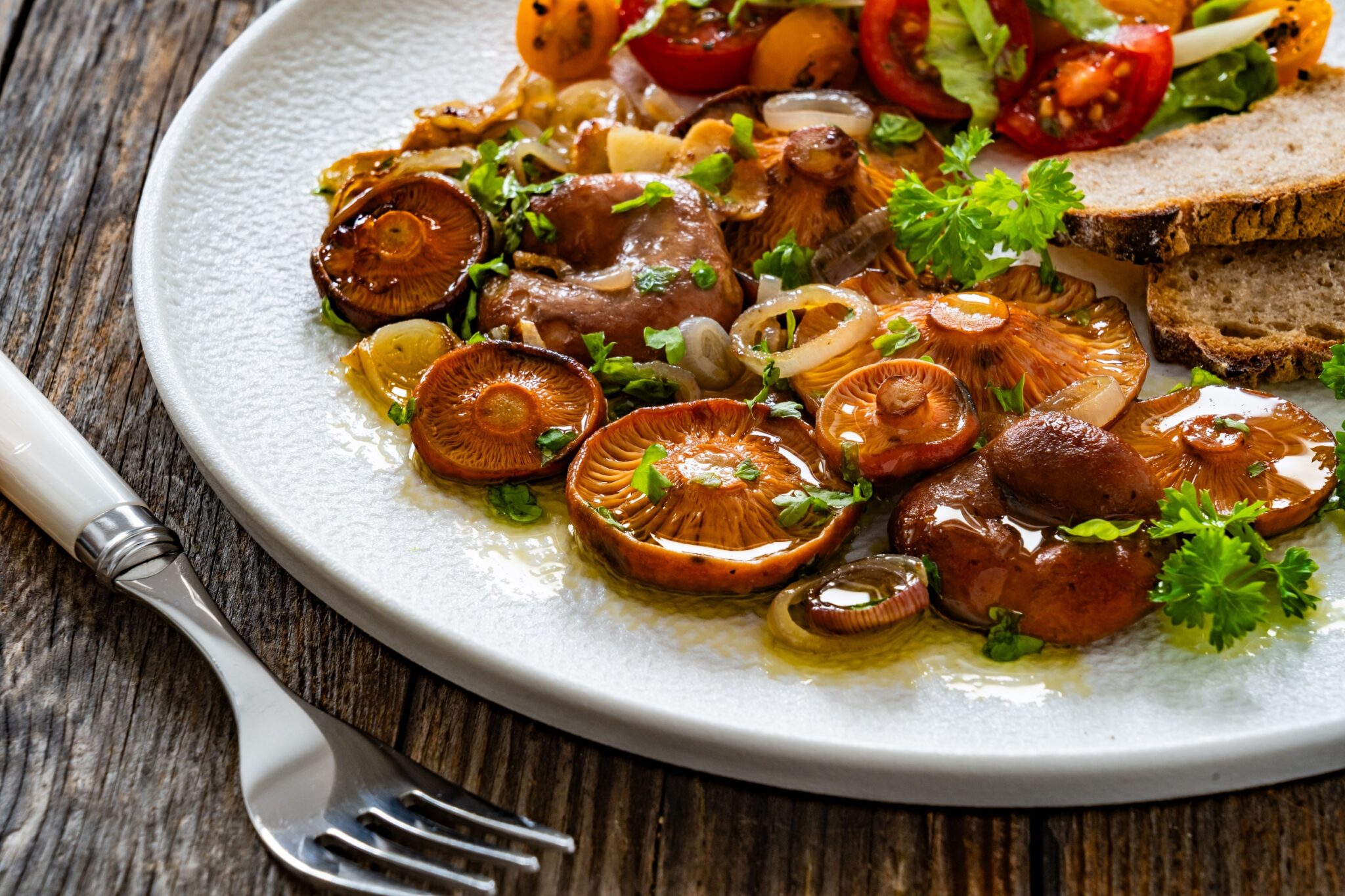 Fried,Saffron,Milk,Cap,Mushrooms,With,Fresh,Salad,And,Bread