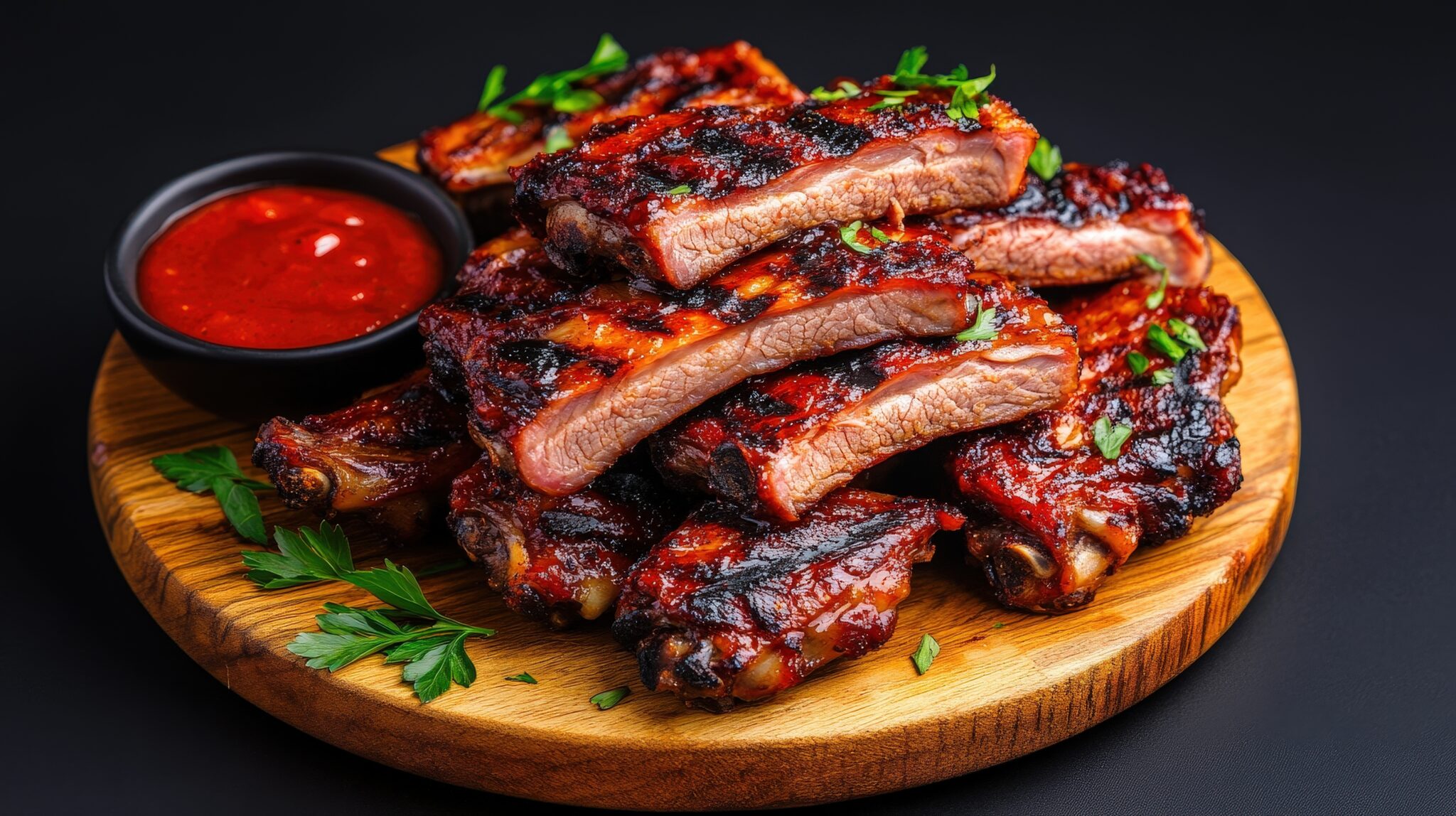 Juicy,Grilled,Barbecue,Ribs,Stacked,On,A,Wooden,Board,,Garnished