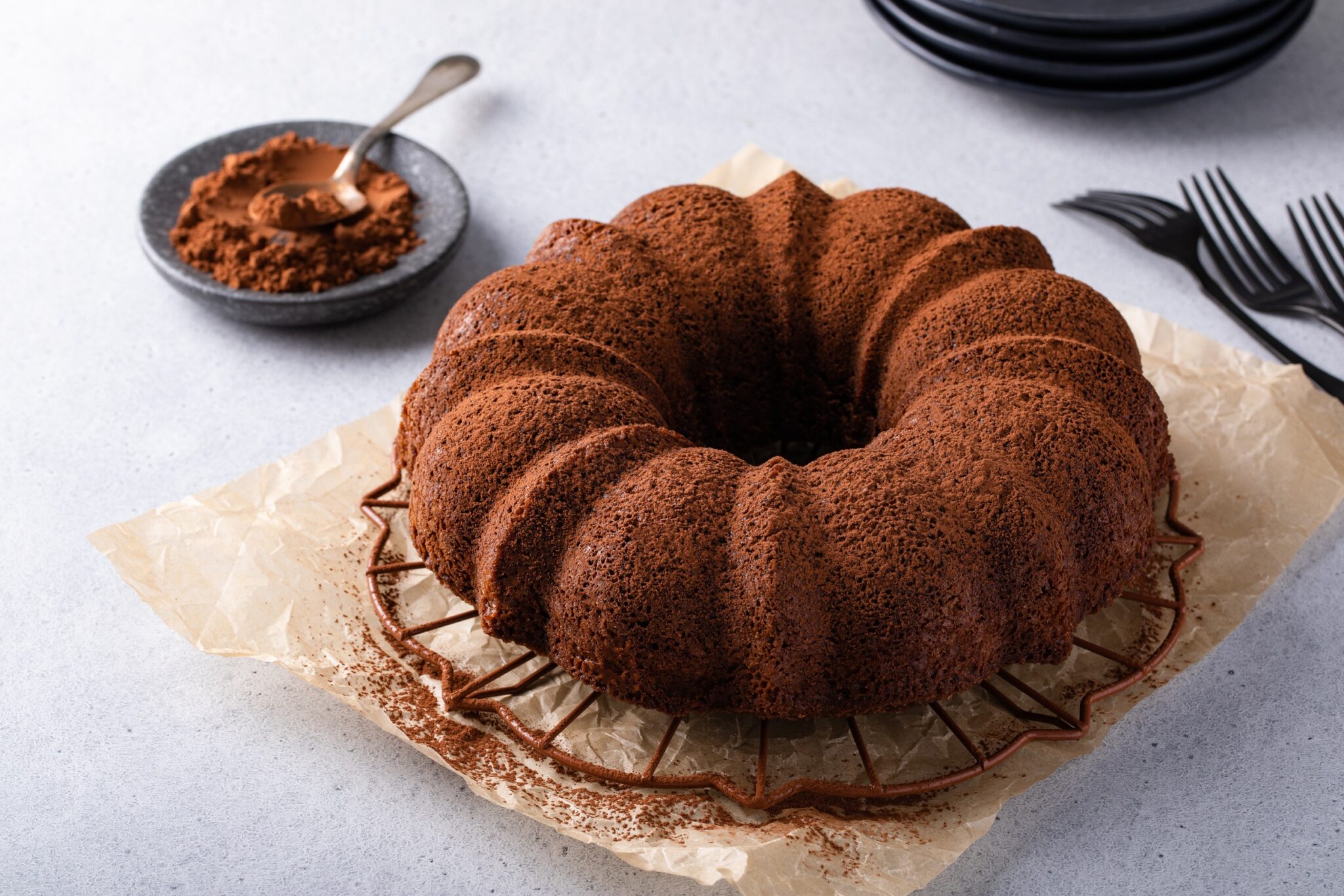 Chocolate,Bundt,Cake,Dusted,With,Cocoa,Powder,On,A,Cooling