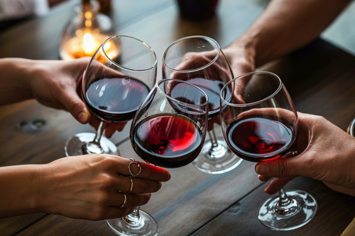 A,Close-up,Shot,Of,Several,Hands,Holding,Wine,Glasses,Filled