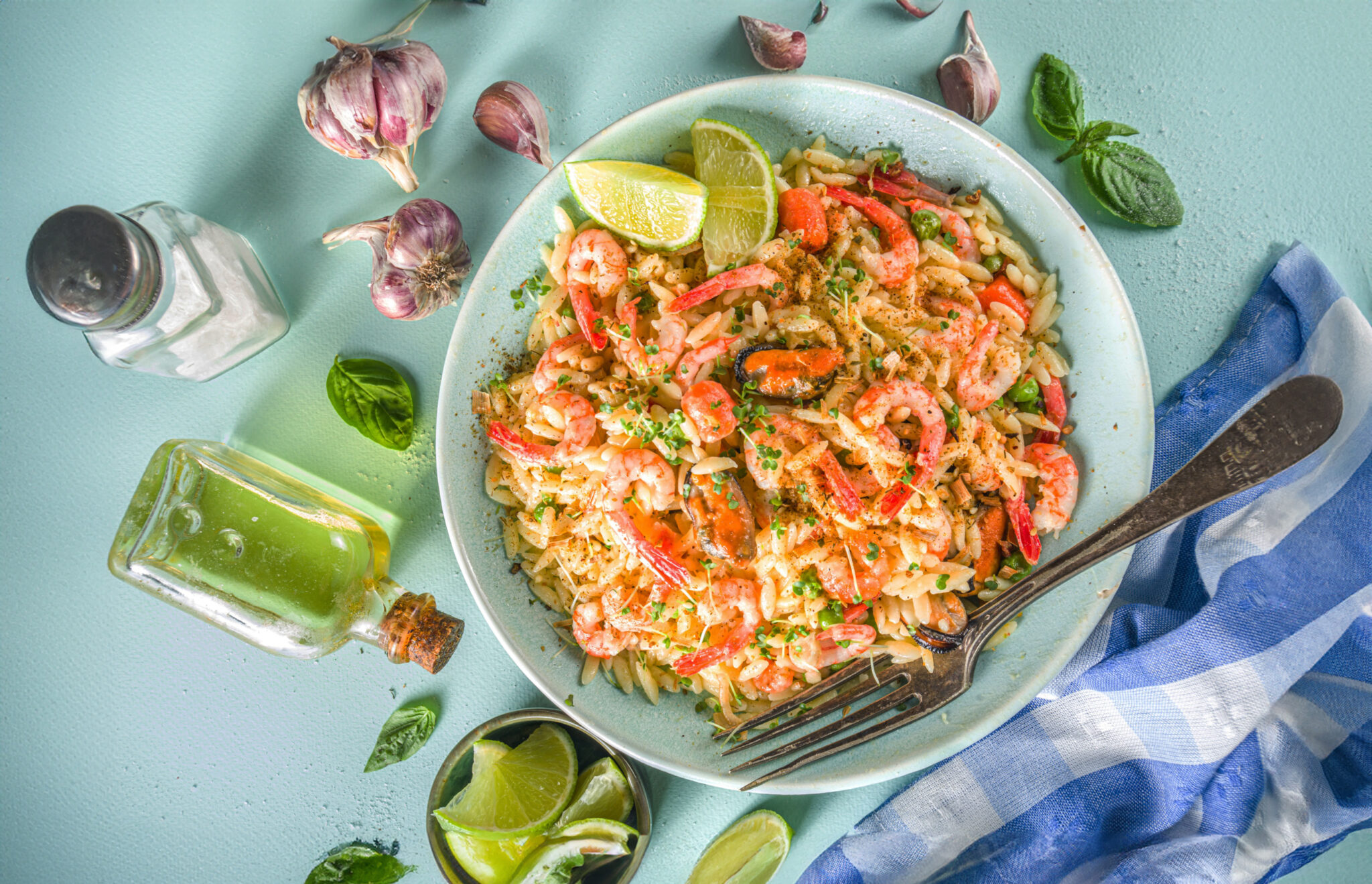 Orzo,Pasta,With,Cream,Sauce,And,Seafood.,Homemade,Orzo,With