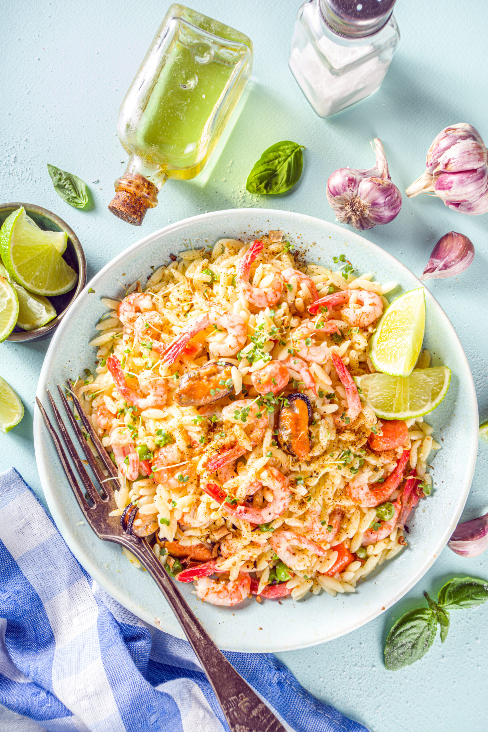 Orzo,Pasta,With,Cream,Sauce,And,Seafood.,Homemade,Orzo,With