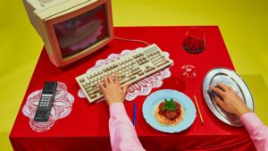 Close-up,Of,Retro,Desk,,With,Spaghetti,,Glass,Of,Wine,,And