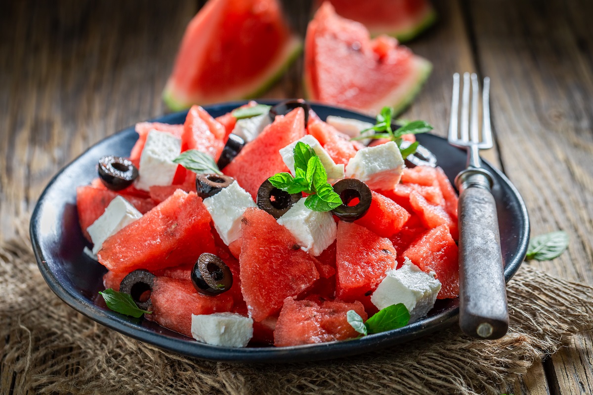 Healthy,Watermelon,Salad,With,Feta,,Olives,And,Mint,Leaves