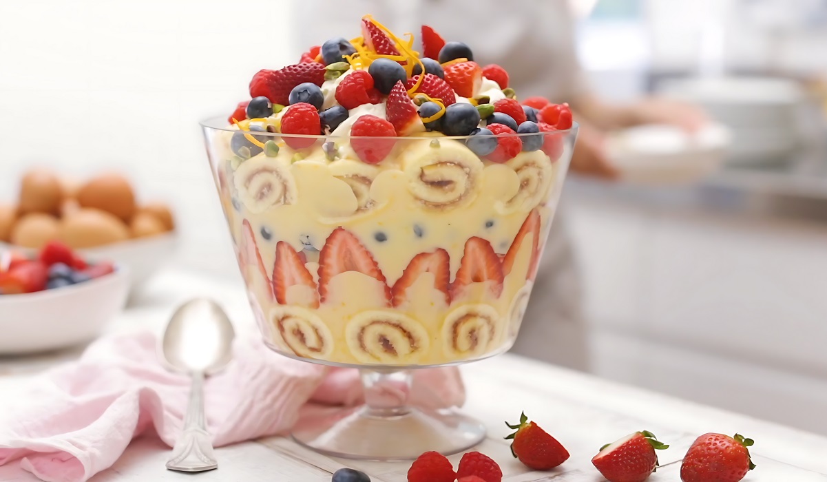 Indulge,In,A,Delicious,Berry,Trifle,Topped,With,Strawberries,And