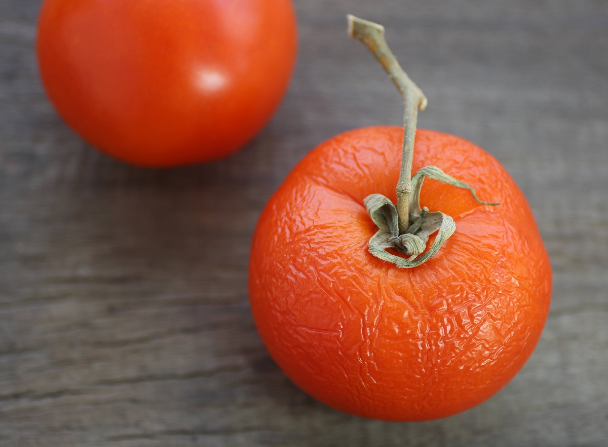 Wrinkled,Tomato,On,Old,Wooden,Background.,Aging,Concept,,Skin,Care,