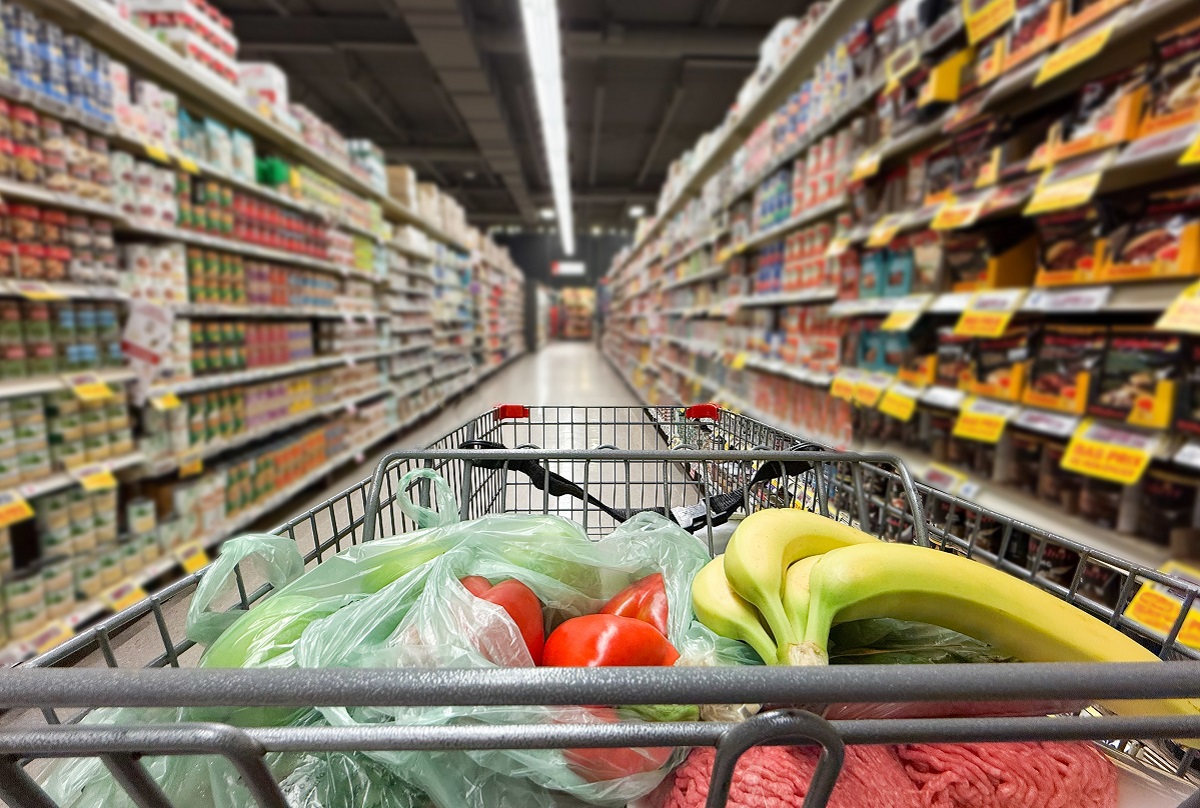 Rear,View,Close,Up,Of,Shopping,Cart,In,Supermarket,Aisle