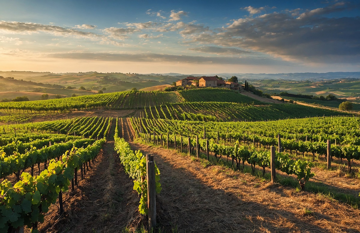 Picturesque,Vineyard,With,Farmhouse,At,Sunset