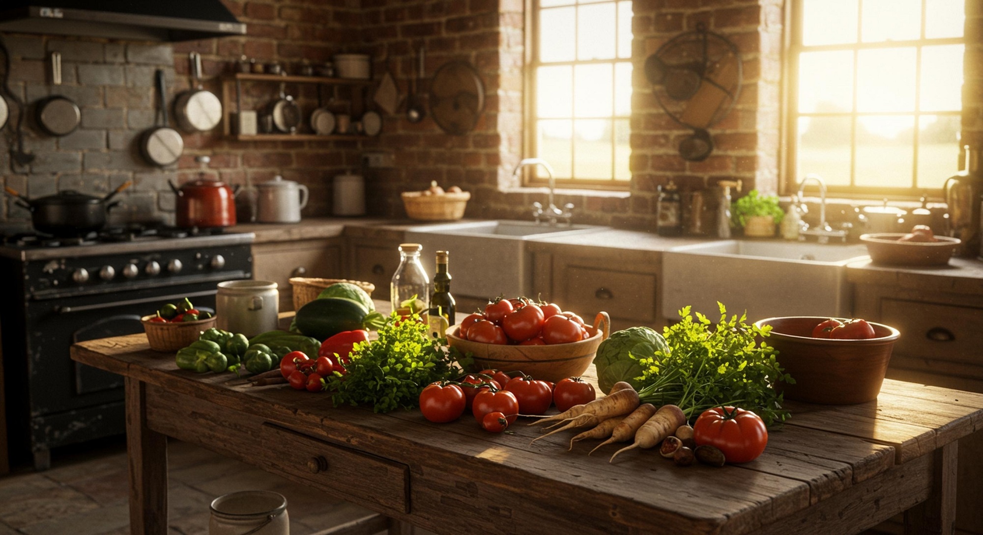 Sun-drenched,Farmhouse,Kitchen,Filled,With,Fresh,Vegetables,,Warm,Brick,Walls,