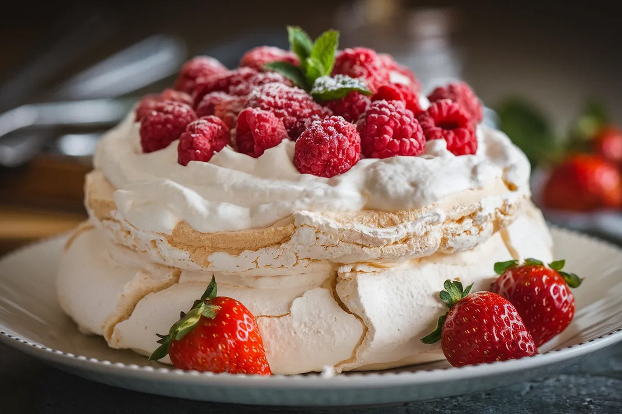 Pavlova,Cake,:,Classic,Pavlova,With,Crisp,Meringue,Shell,And